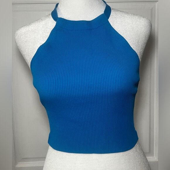 Zara Blue Halter Ribbed Crop Top Size Small - Picture 3 of 5